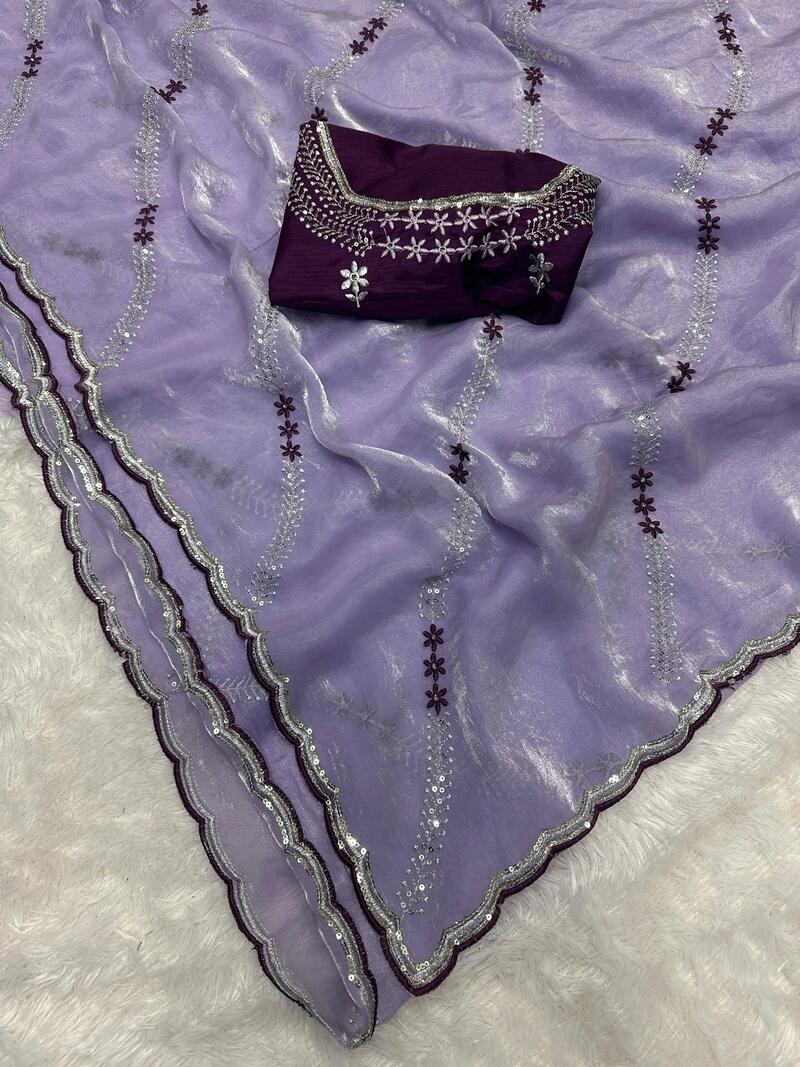 Dazzling Lavender Sequence Work Fandy Silk Saree With Pretty Blouse Piece