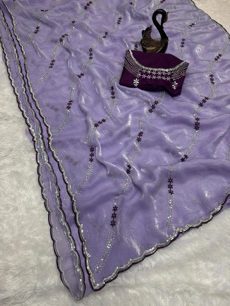 Dazzling Lavender Sequence Work Fandy Silk Saree With Pretty Blouse Piece