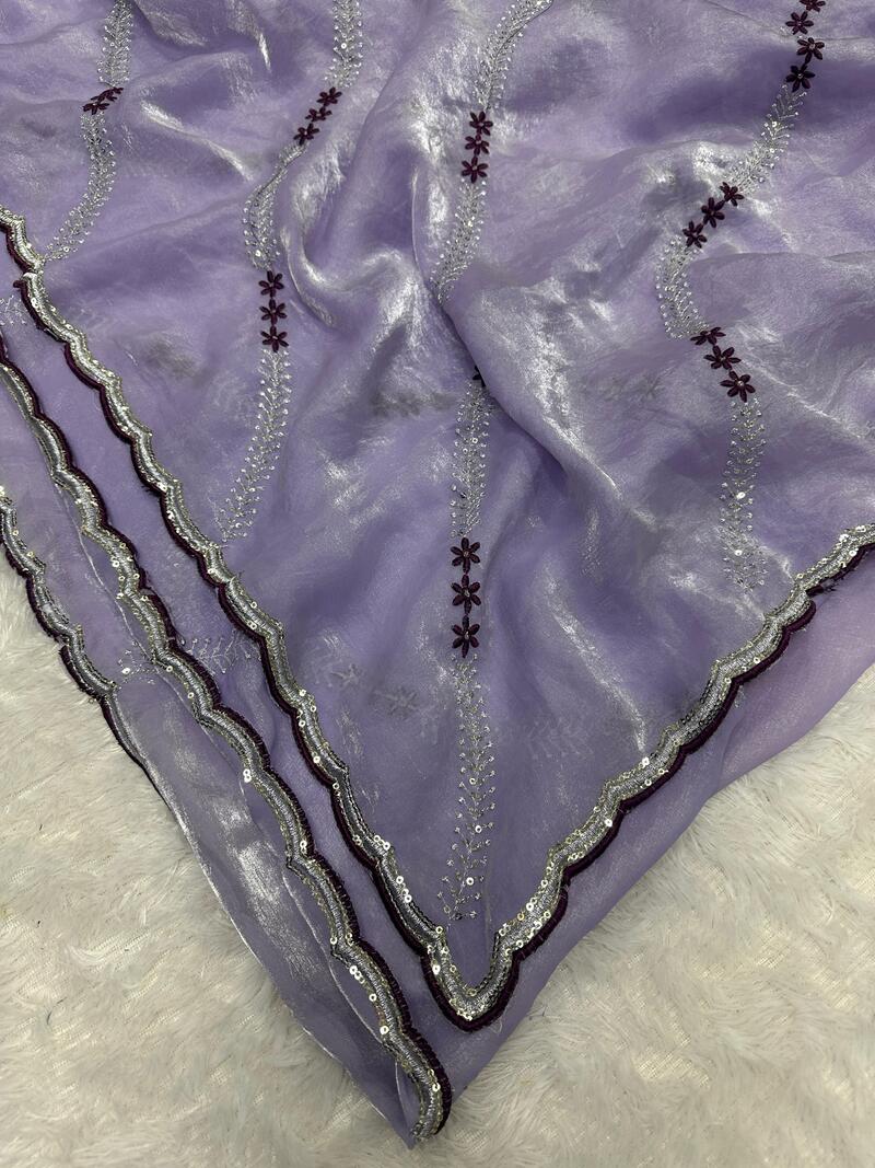 Dazzling Lavender Sequence Work Fandy Silk Saree With Pretty Blouse Piece