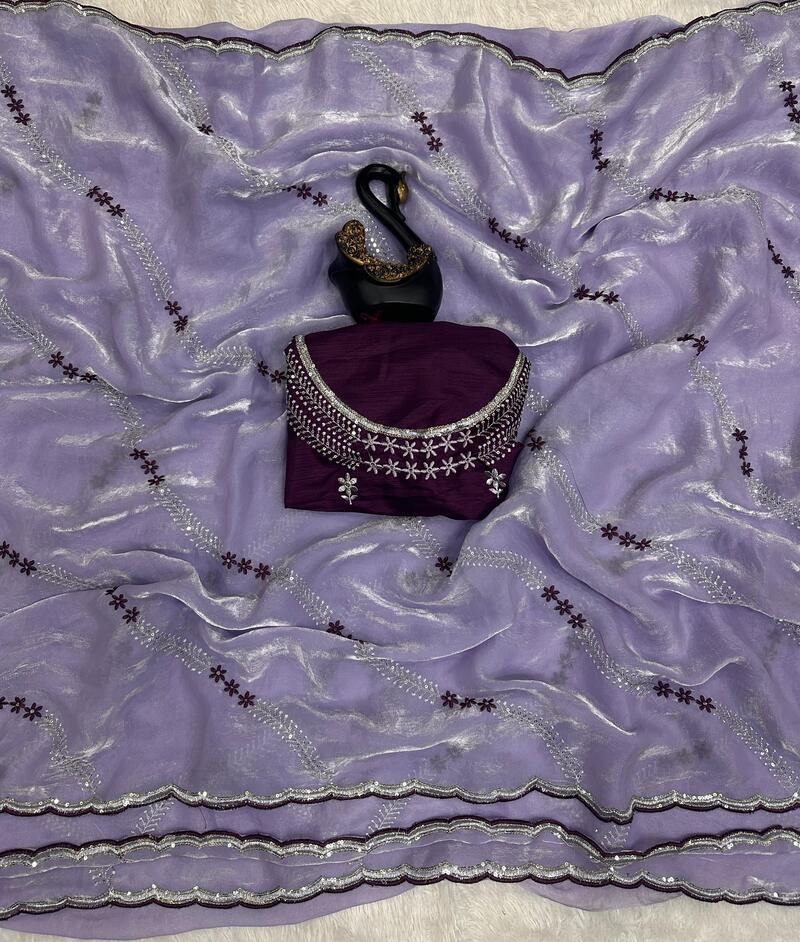 Dazzling Lavender Sequence Work Fandy Silk Saree With Pretty Blouse Piece