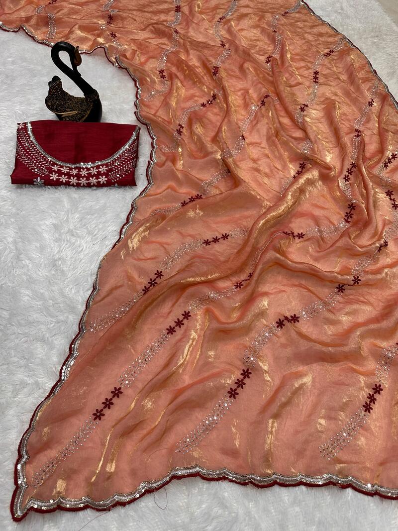 Outstanding Orange Sequence Work Fandy Silk Saree With Incredible Blouse Piece