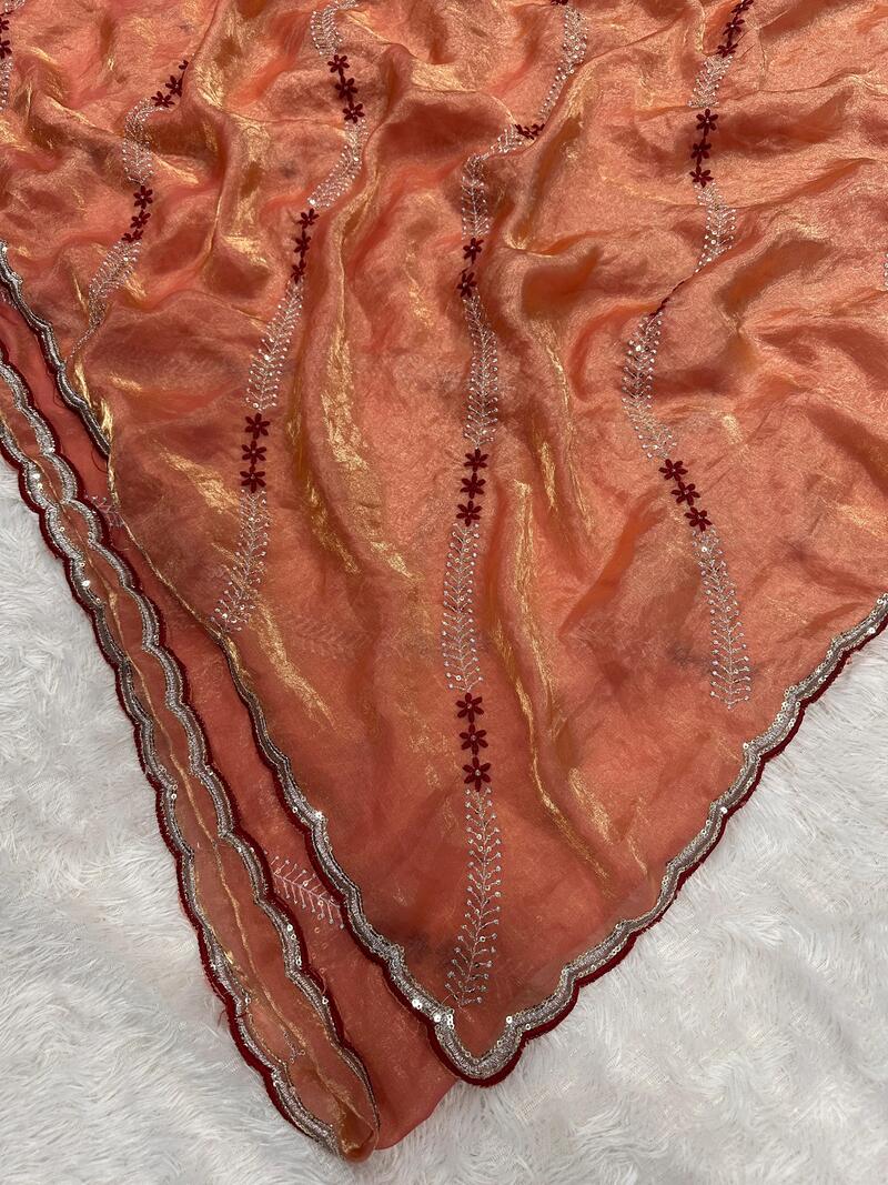 Outstanding Orange Sequence Work Fandy Silk Saree With Incredible Blouse Piece