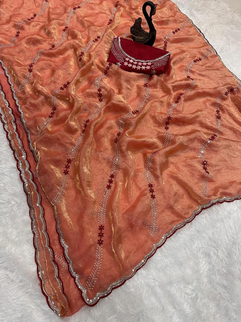Outstanding Orange Sequence Work Fandy Silk Saree With Incredible Blouse Piece