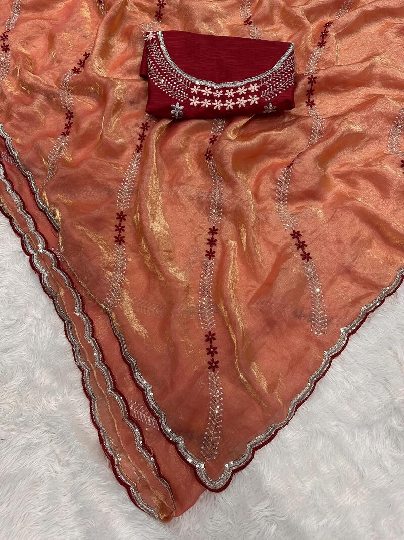 Outstanding Orange Sequence Work Fandy Silk Saree With Incredible Blouse Piece