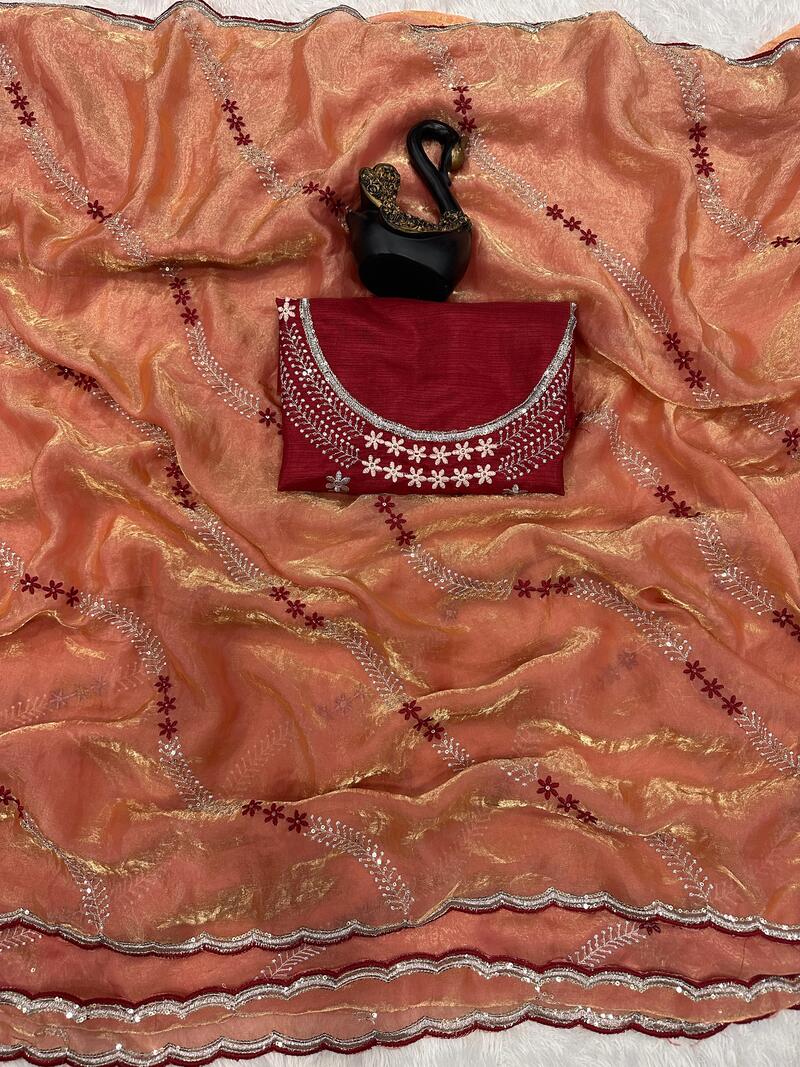 Outstanding Orange Sequence Work Fandy Silk Saree With Incredible Blouse Piece