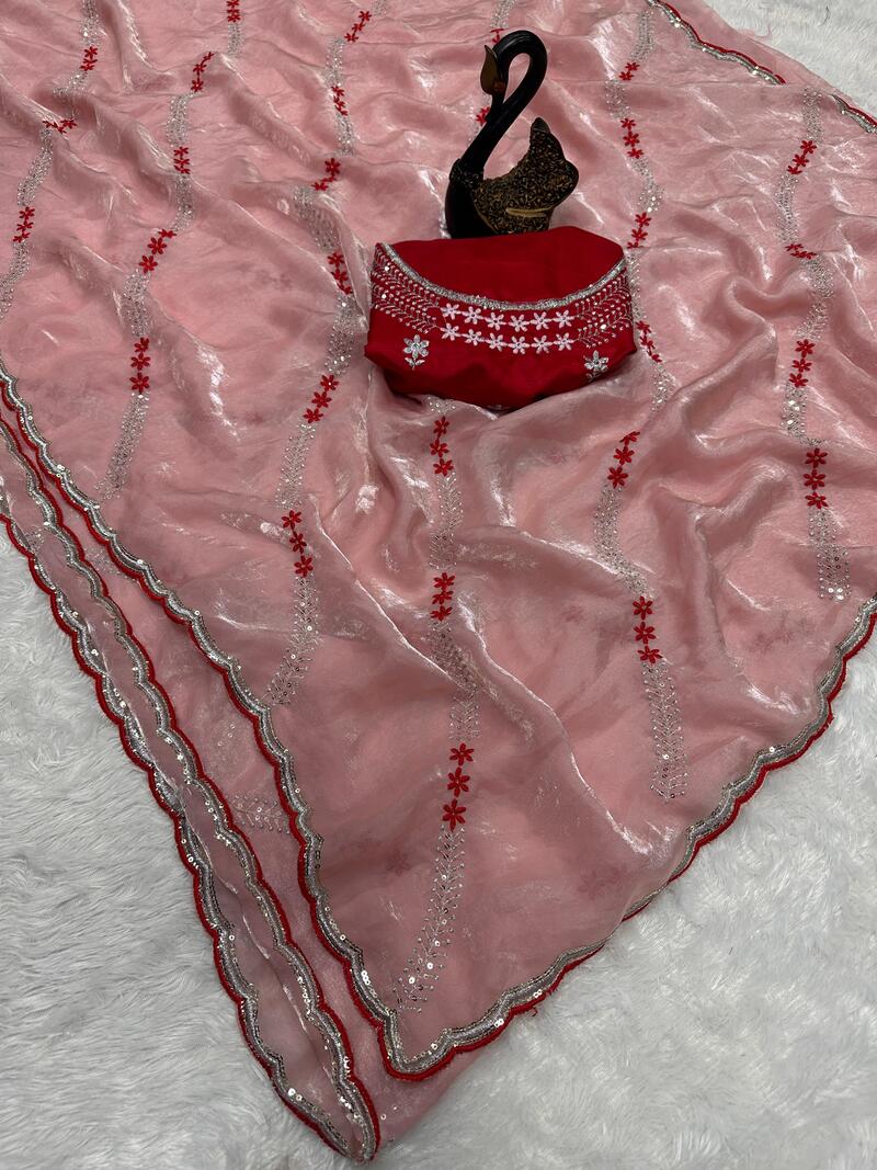 Tremendous Peach Sequence Work Fandy Silk Saree With Effulgent Blouse Piece