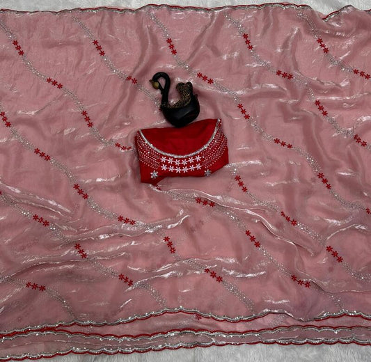 Tremendous Peach Sequence Work Fandy Silk Saree With Effulgent Blouse Piece