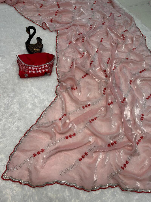 Tremendous Peach Sequence Work Fandy Silk Saree With Effulgent Blouse Piece
