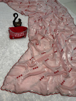 Tremendous Peach Sequence Work Fandy Silk Saree With Effulgent Blouse Piece