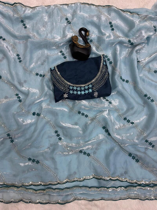 Engrossing Sky Sequence Work Fandy Silk Saree With Nebula Blouse Piece