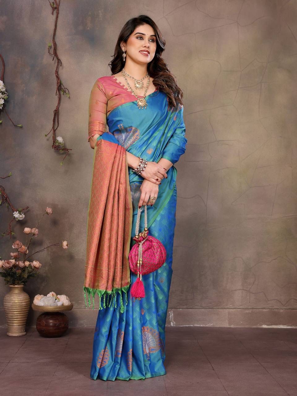 Serendipity Blue Soft Banarasi Silk Saree With Delightful Blouse Piece