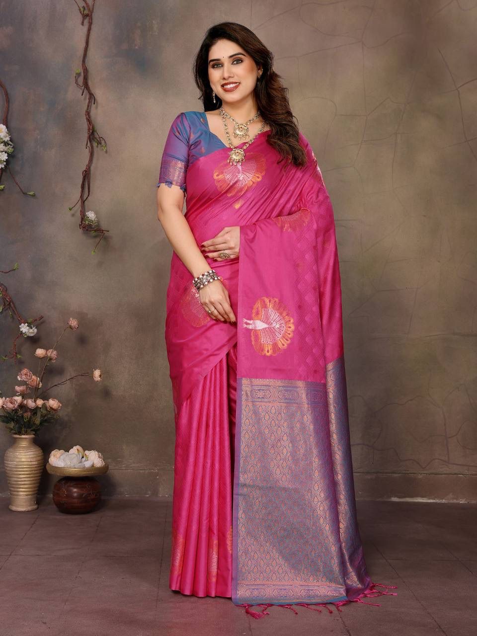 Lassitude Dark Pink Soft Banarasi Silk Saree With Traditional Blouse Piece