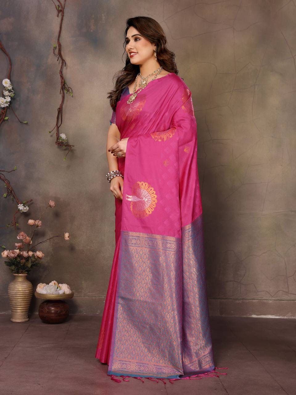 Lassitude Dark Pink Soft Banarasi Silk Saree With Traditional Blouse Piece