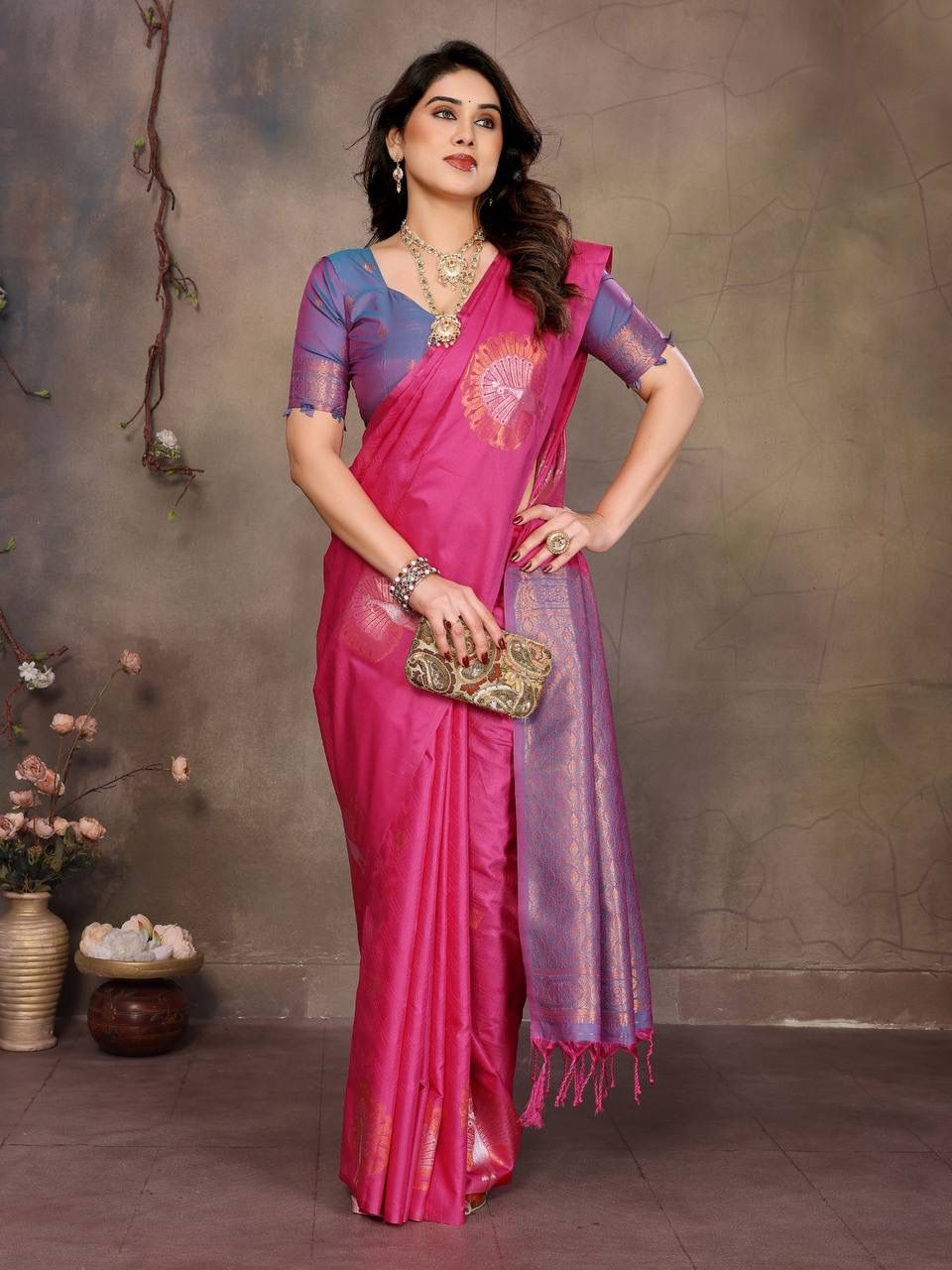 Lassitude Dark Pink Soft Banarasi Silk Saree With Traditional Blouse Piece