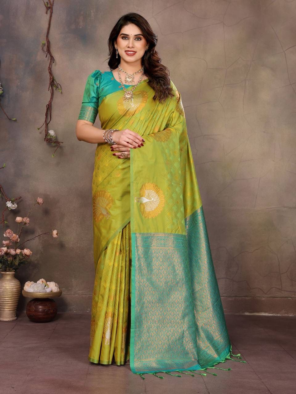 Enamoring Green Soft Banarasi Silk Saree With Extraordinary Blouse Piece