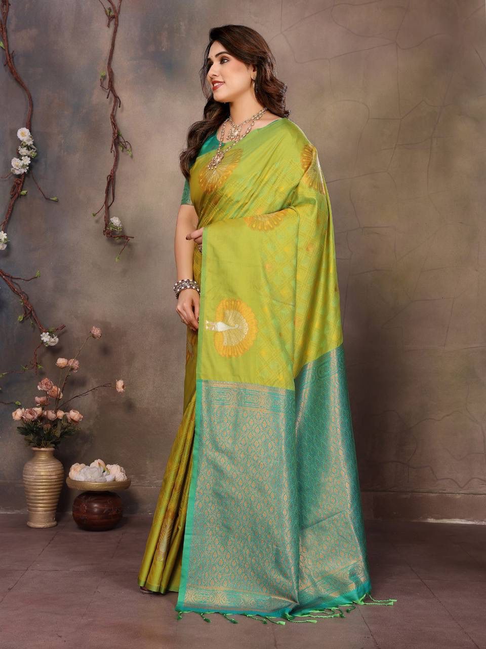 Enamoring Green Soft Banarasi Silk Saree With Extraordinary Blouse Piece