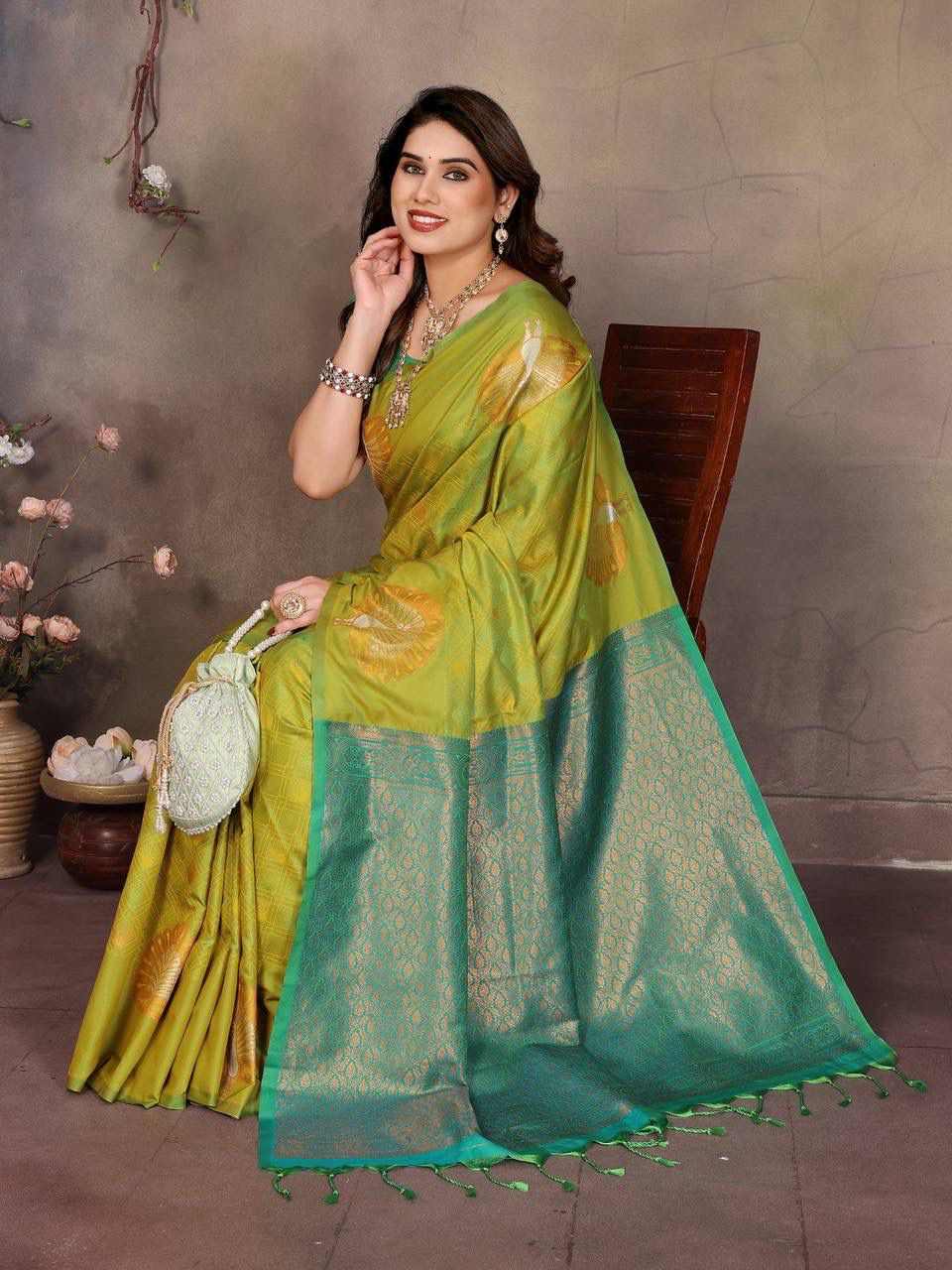 Enamoring Green Soft Banarasi Silk Saree With Extraordinary Blouse Piece