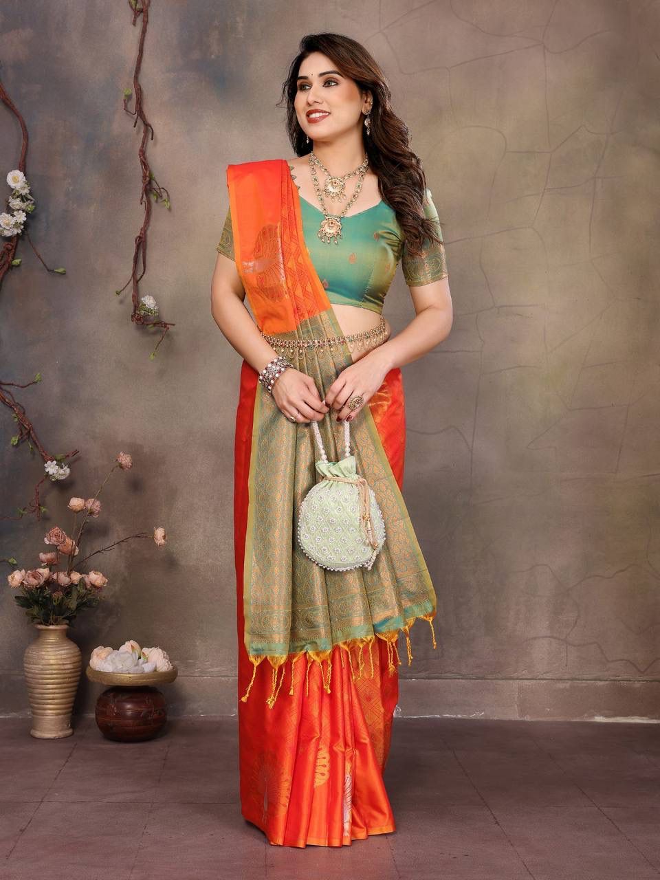 Beauteous Orange Soft Banarasi Silk Saree With Amazing Blouse Piece