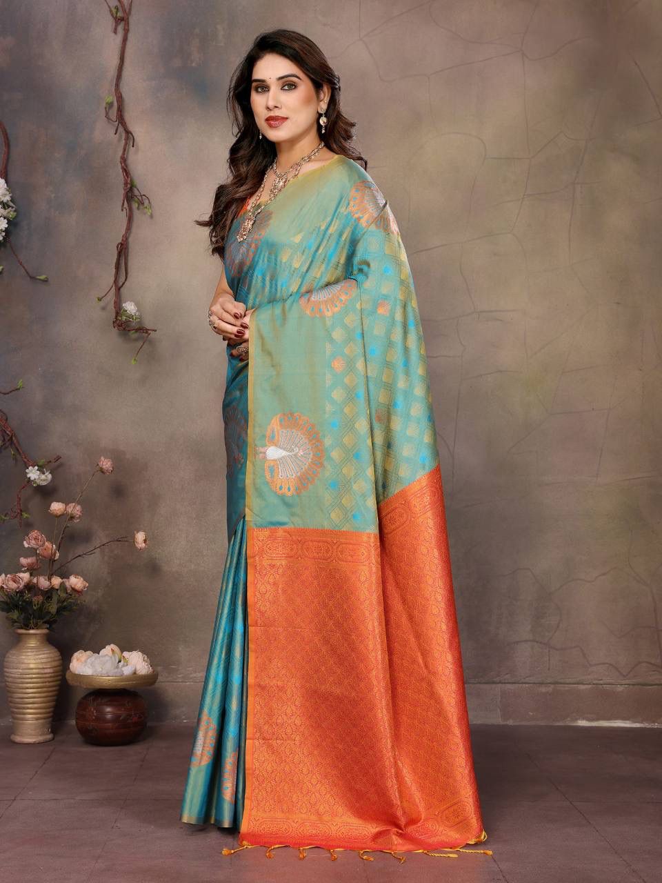 Panoply Rama Soft Banarasi Silk Saree With Redolent Blouse Piece