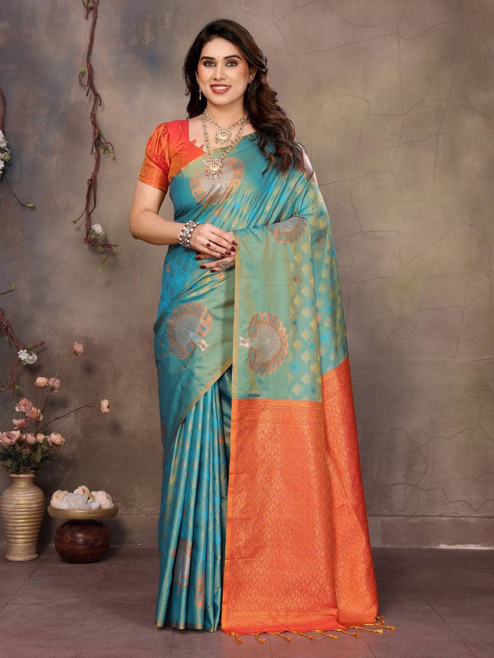 Panoply Rama Soft Banarasi Silk Saree With Redolent Blouse Piece
