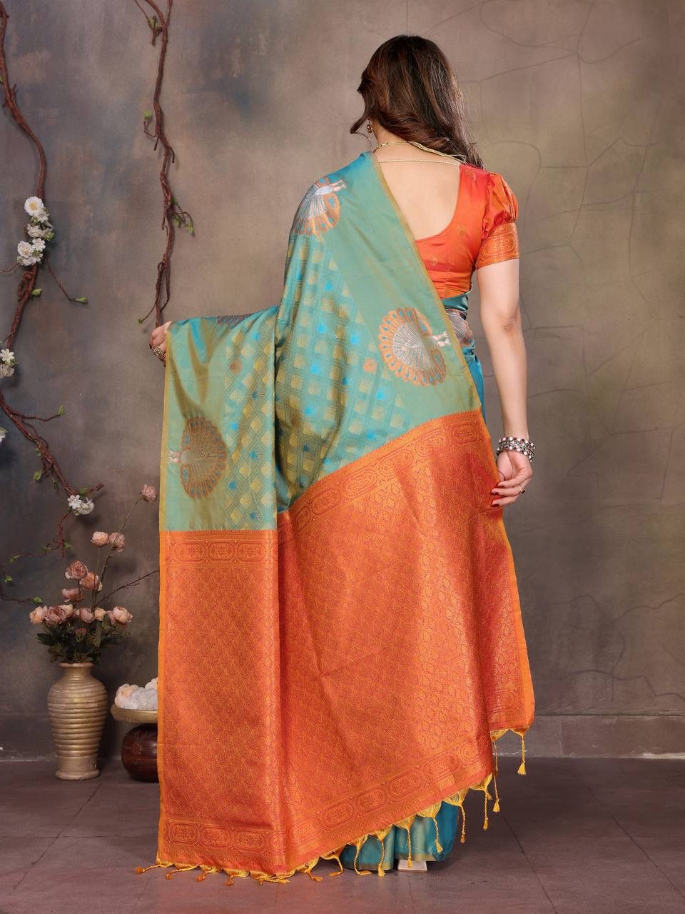 Panoply Rama Soft Banarasi Silk Saree With Redolent Blouse Piece