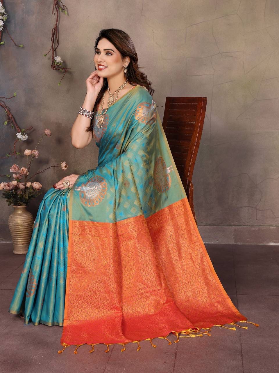 Panoply Rama Soft Banarasi Silk Saree With Redolent Blouse Piece