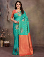 Susurrous Sea Green Soft Banarasi Silk Saree With Grandiose Blouse Piece