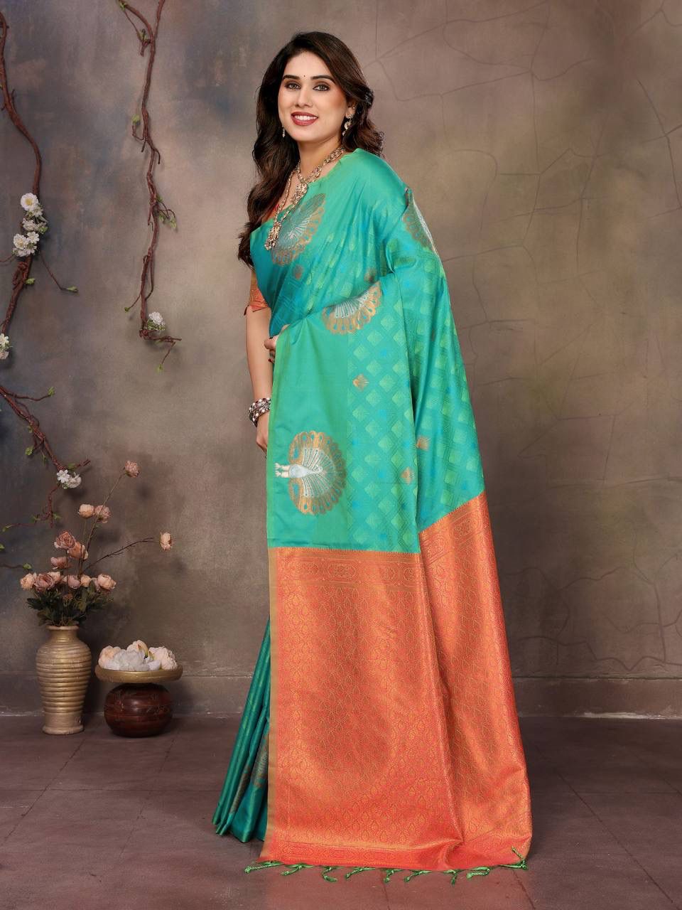 Susurrous Sea Green Soft Banarasi Silk Saree With Grandiose Blouse Piece
