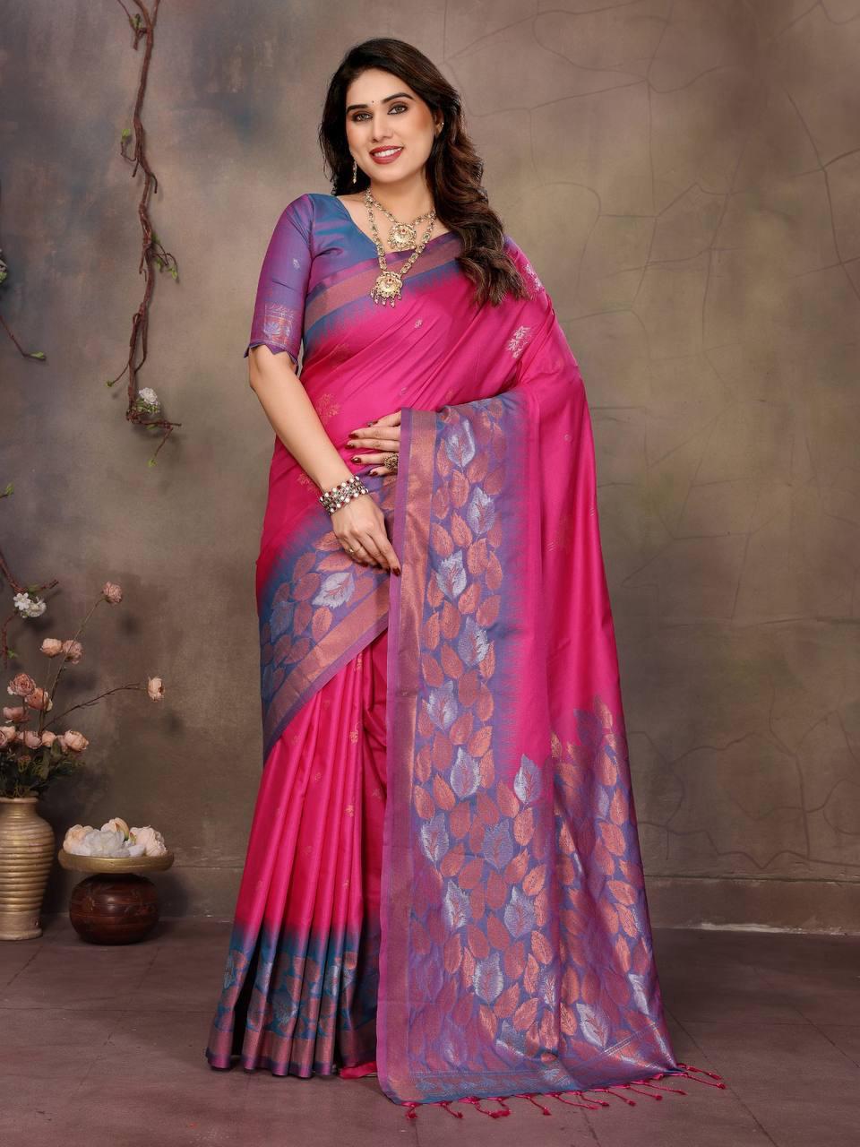 Enticing Dark Pink Soft Banarasi Silk Saree With Exceptional Blouse Piece