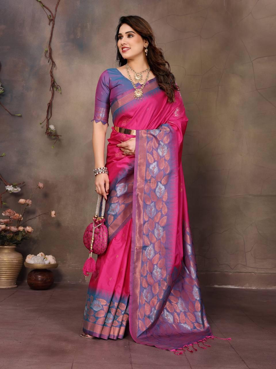 Enticing Dark Pink Soft Banarasi Silk Saree With Exceptional Blouse Piece