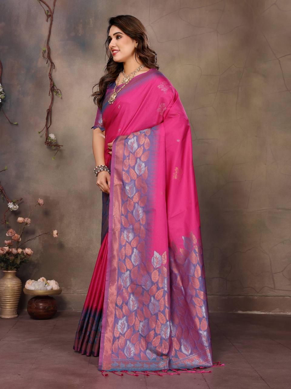 Enticing Dark Pink Soft Banarasi Silk Saree With Exceptional Blouse Piece