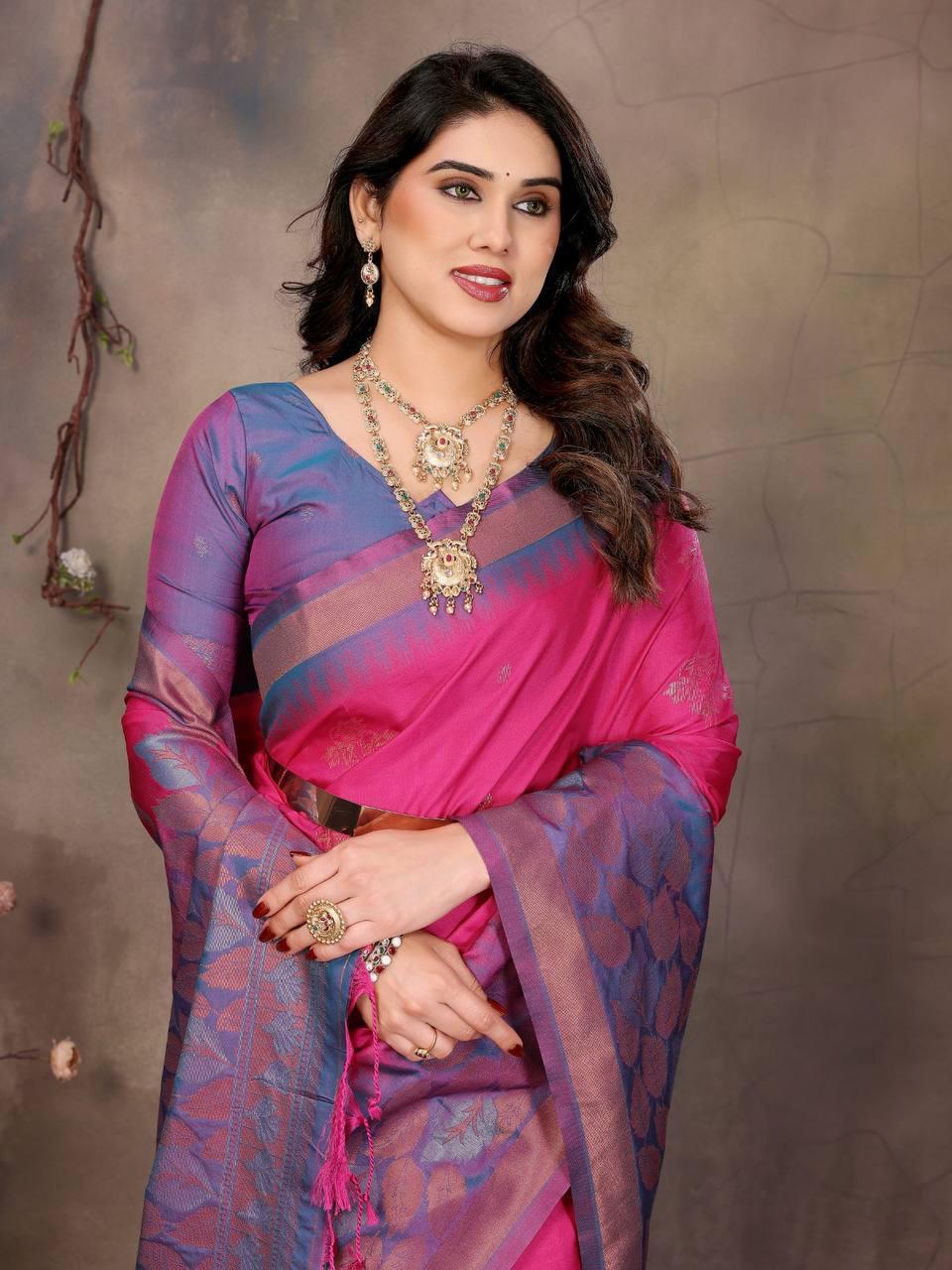 Enticing Dark Pink Soft Banarasi Silk Saree With Exceptional Blouse Piece