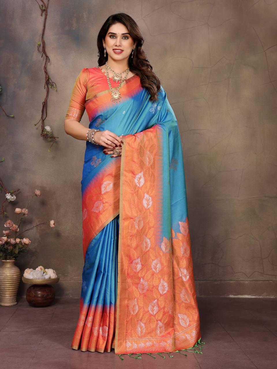 Opulent Firozi Soft Banarasi Silk Saree With Efflorescence Blouse Piece