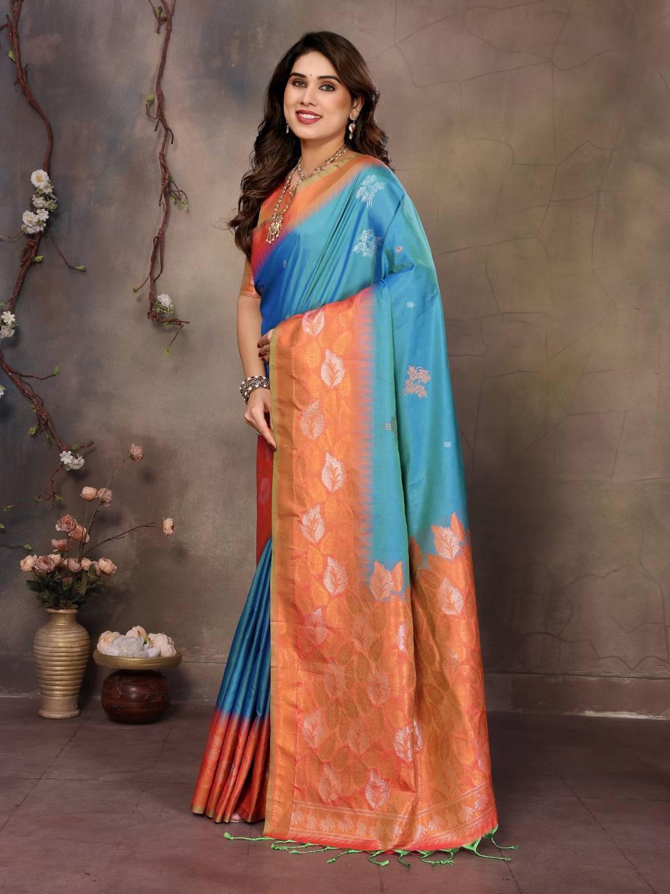 Opulent Firozi Soft Banarasi Silk Saree With Efflorescence Blouse Piece