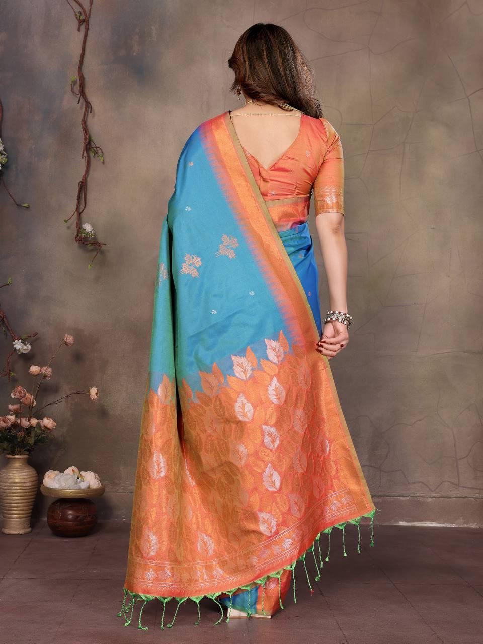 Opulent Firozi Soft Banarasi Silk Saree With Efflorescence Blouse Piece