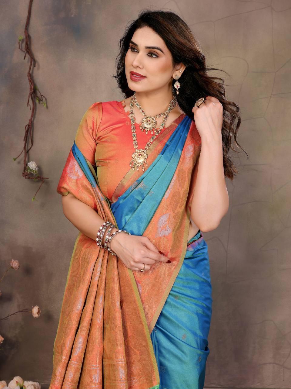 Opulent Firozi Soft Banarasi Silk Saree With Efflorescence Blouse Piece