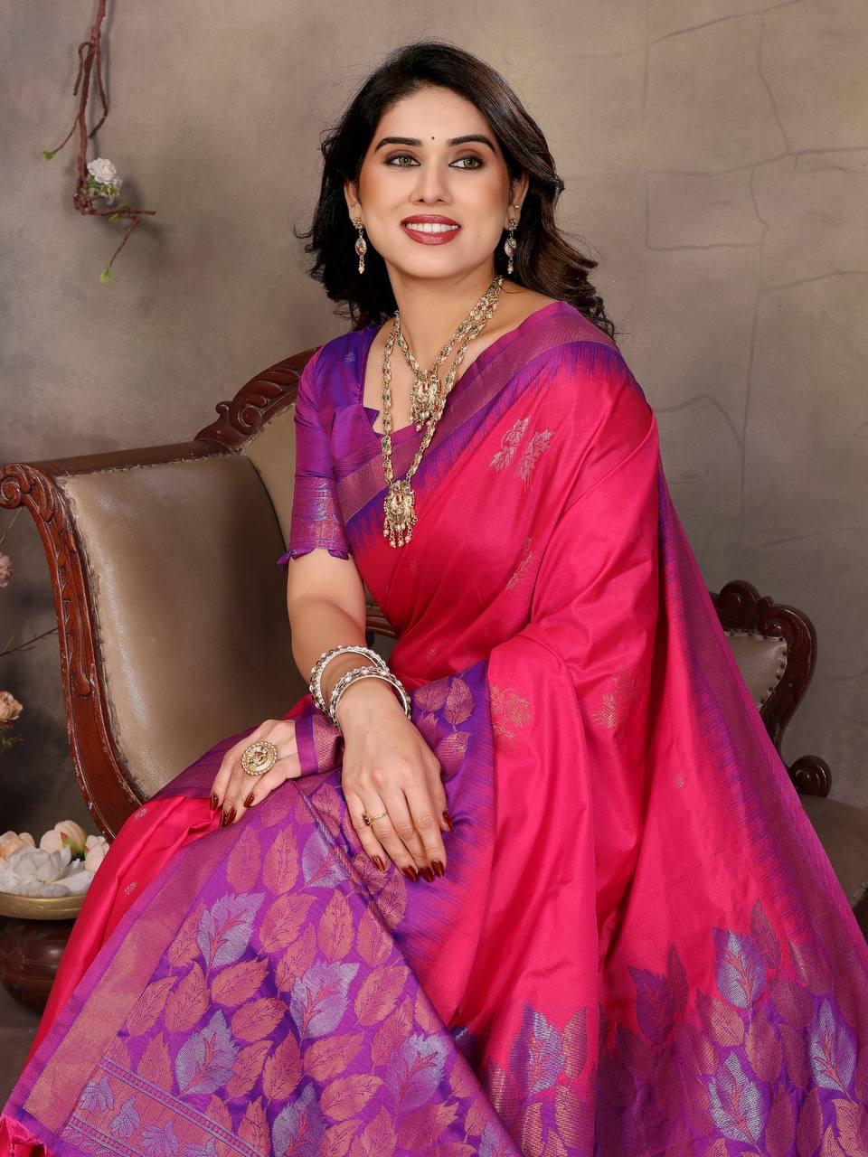 Flaunt Magenta Soft Banarasi Silk Saree With Prettiest Blouse Piece
