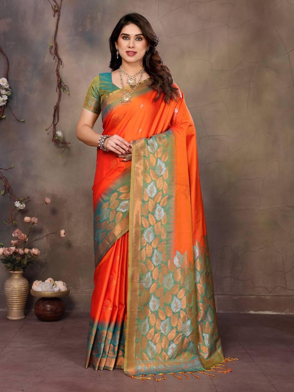 Sophisticated Orange Soft Banarasi Silk Saree With Fragrant Blouse Piece