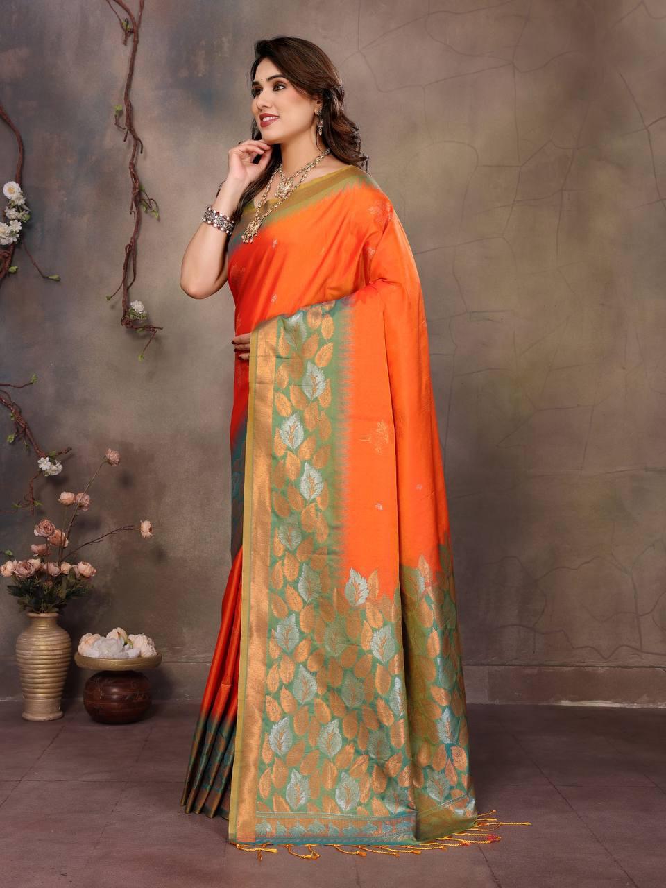 Sophisticated Orange Soft Banarasi Silk Saree With Fragrant Blouse Piece