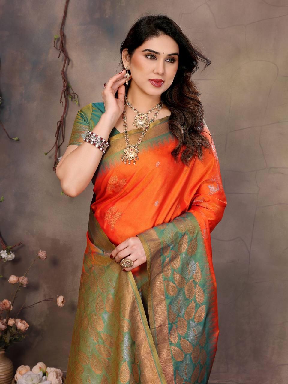 Sophisticated Orange Soft Banarasi Silk Saree With Fragrant Blouse Piece