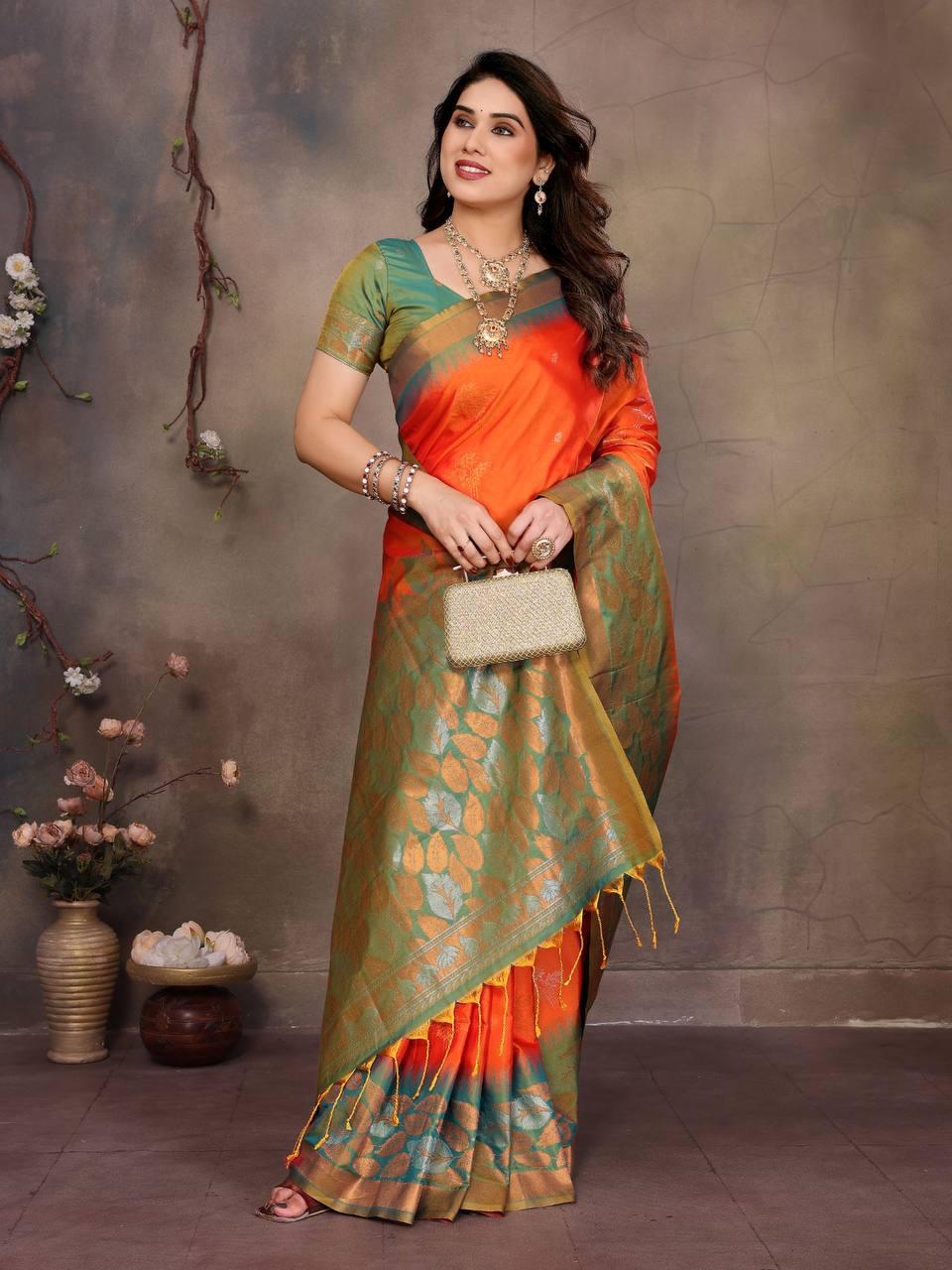 Sophisticated Orange Soft Banarasi Silk Saree With Fragrant Blouse Piece