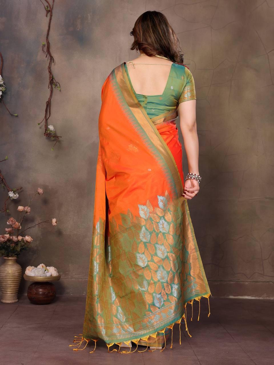 Sophisticated Orange Soft Banarasi Silk Saree With Fragrant Blouse Piece