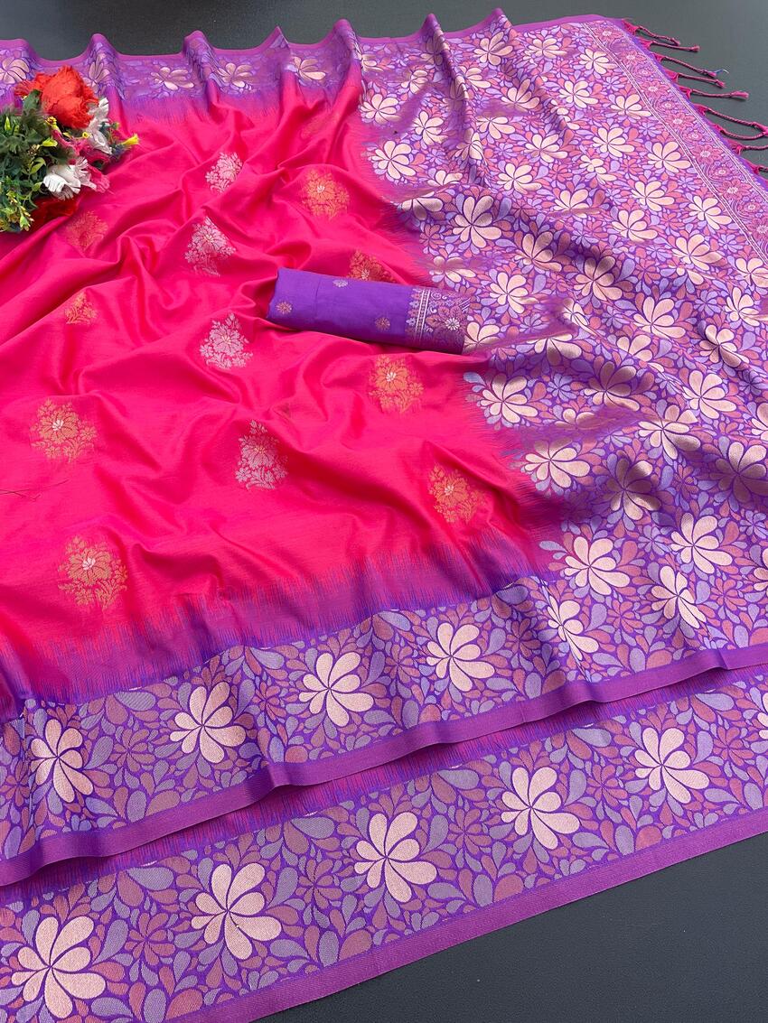 Stylish Dark Pink Soft Banarasi Silk Saree With Demesne Blouse Piece