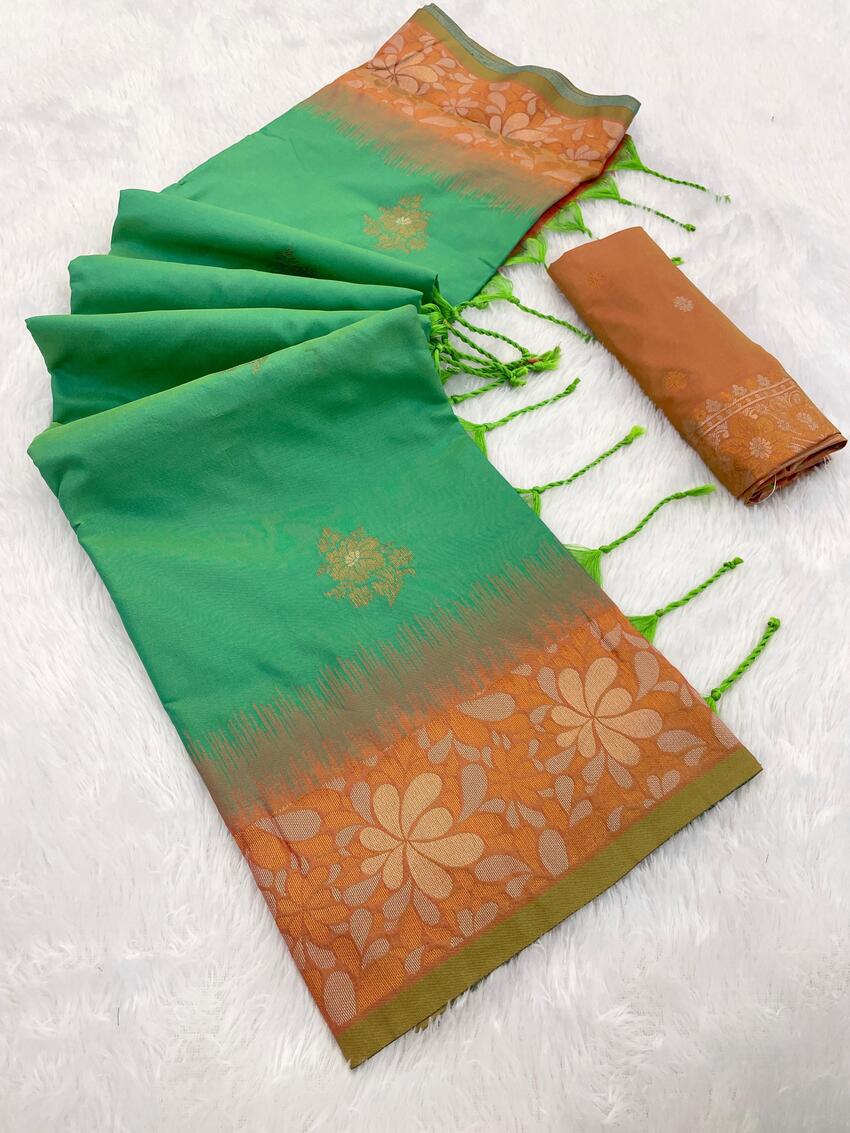 Desiring Green Soft Banarasi Silk Saree With Zephyr Blouse Piece