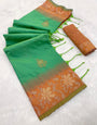 Desiring Green Soft Banarasi Silk Saree With Zephyr Blouse Piece