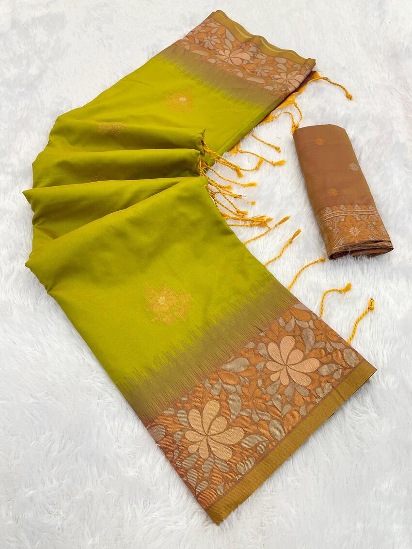 Winsome Mehndi Soft Banarasi Silk Saree With Snappy Blouse Piece