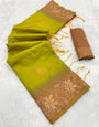 Winsome Mehndi Soft Banarasi Silk Saree With Snappy Blouse Piece