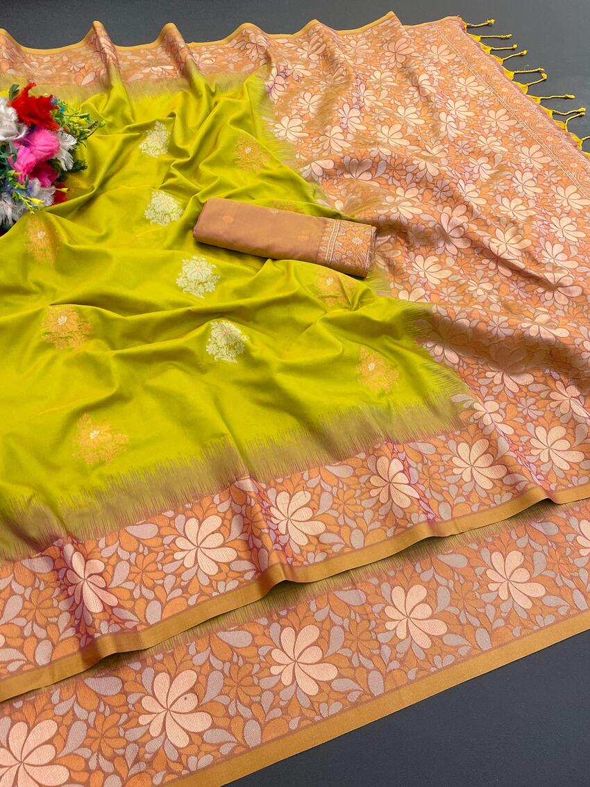 Winsome Mehndi Soft Banarasi Silk Saree With Snappy Blouse Piece