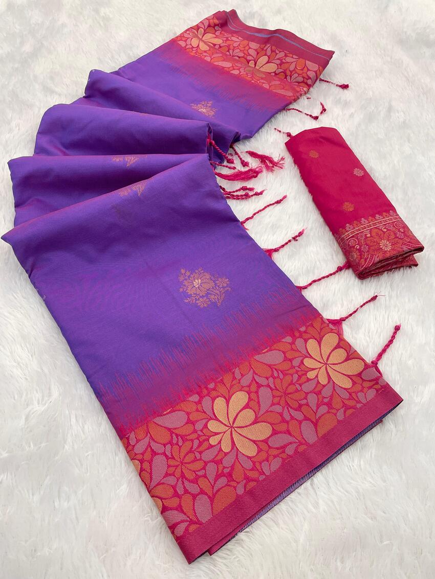 Smart Purple Soft Banarasi Silk Saree With Gratifying Blouse Piece
