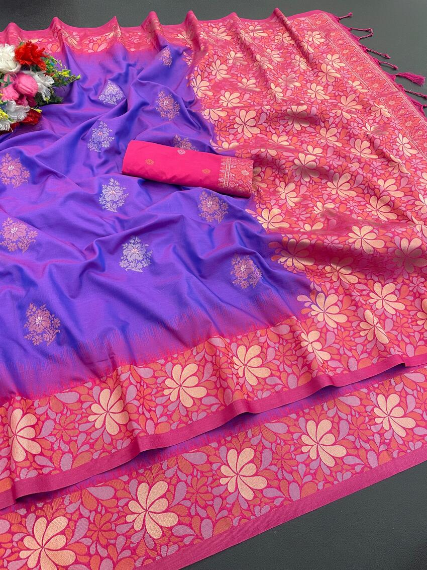 Smart Purple Soft Banarasi Silk Saree With Gratifying Blouse Piece